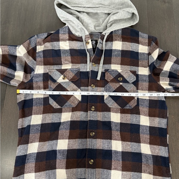 Amnesia Mens Hooded Plaid Flannel Long Sleeve Shirt Navy Blue & Brown Size M - Picture 4 of 7